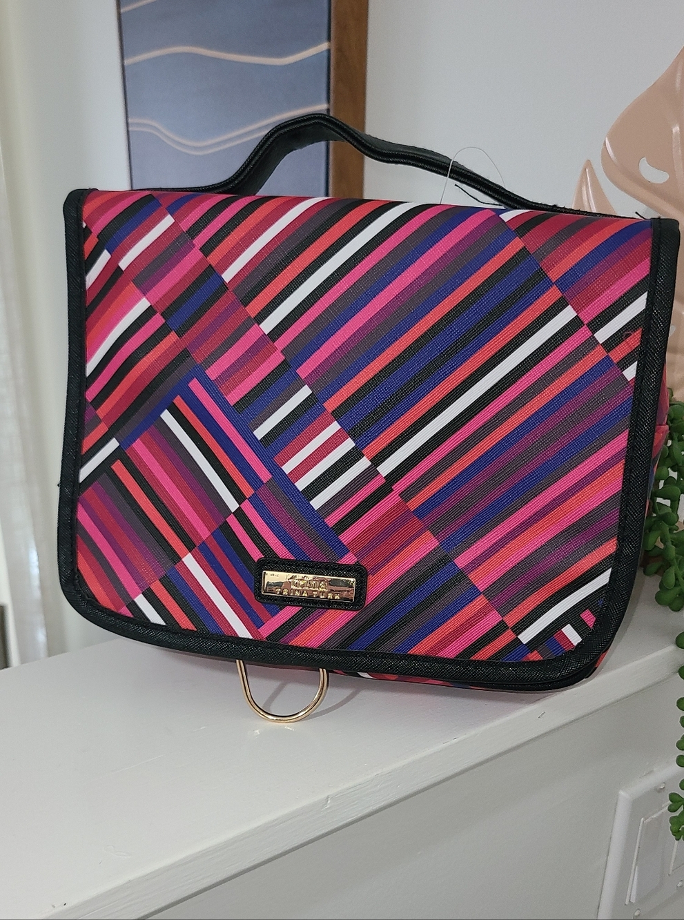 Trina Turk Striped Pink Multi Travel Cosmetic Case with Handle